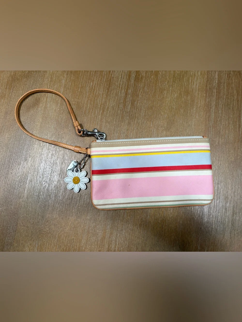 Coach Pink & Multicolor Stripe Wristlet with Daisy Charm